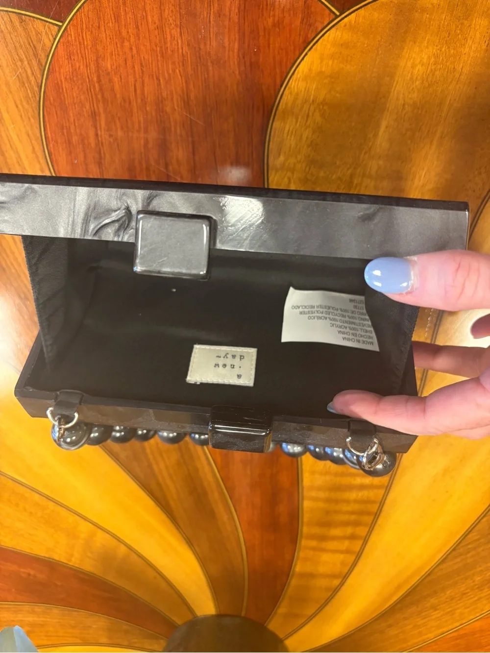 A New Day Shiny Black Gray Clutch with Beaded Handle